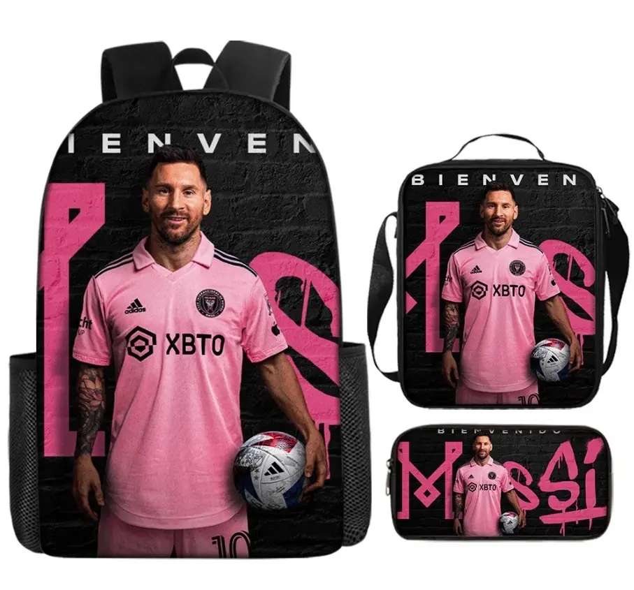 Messi Unisex 3-Piece High Capacity Backpack Set - Includes Backpack, Lunch Box, Pen Box for School Travel (Sports & Outdoor Gym Bag Accessory)