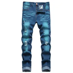 JUNBAOSS Men's Slim-Fit Stretch Cotton Distressed Ripped Shredded Jeans - Mid Waist, Plain, Button Closure, Stylish Pockets, Streetwear Casual, Fall Wear Good Jeans Pants