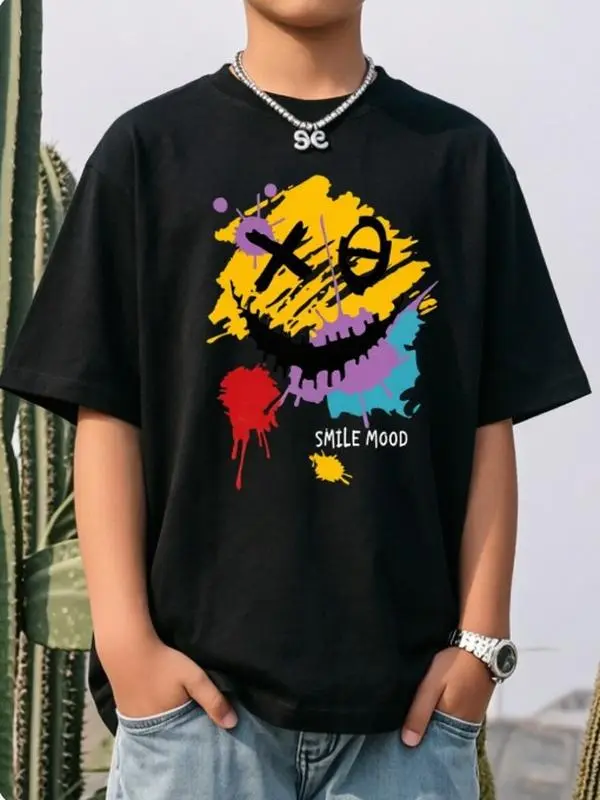 Women's Oversized Loose Cotton Fashion Tops, Edgy Youth Vibe Unisex Short-Sleeve Summer Tee, Dripping Splash Graffiti Smile Mood Face Print, Comfortable for Weekend Street Market