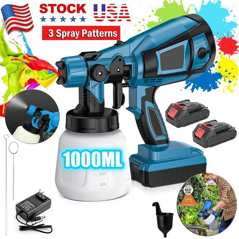 1000ML Cordless Handheld Electric Paint Sprayer Kit with 2 x 21V Batteries, High-Power Gun, Adjustable Spray Width Knob, Easy-to-Clean Paint Sprayer Accessories for Home DIY Interior Furniture, Walls, Handheld Sprayer Kit
