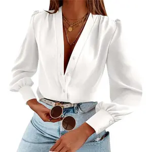 Imily Bela Women's Business Casual Tops Summer Long Sleeve Silk Button Down Shirts V Neck Chiffon Blouses