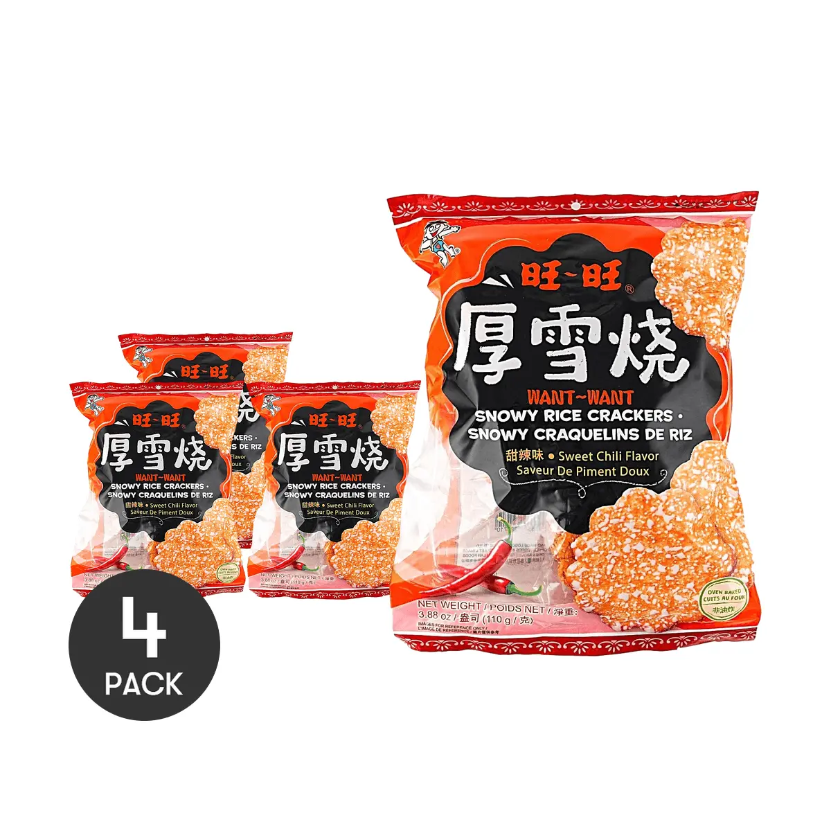 4 Pack Want Want Thick Snow Rice Crackers Sweet & Spicy Flavor 3.88 oz - Non-Fried Taiwanese Snack