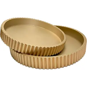 Modern Table Round Decorative Trays 2pcs Home Decor - Circle Coffee Table Centerpiece Set 12"/10" - Wooden Golden Ottoman Tray with Fluted Edge
