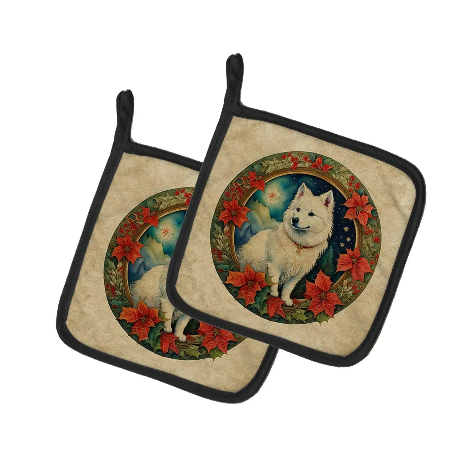American Eskimo Christmas Flowers Quilted Polyester Pot Holders, 7.5"x7.5" Square Pair Set, Festive Home Decor Supplies