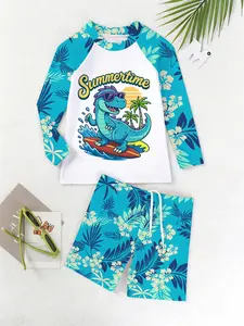 Boys Surfing Dinosaur Swimwear Set, Tropical Floral Print Two-Piece, Beach Swimming, Holiday Travel, Pool Party, Summer Cool Swimsuit, Swimsuits With Shorts