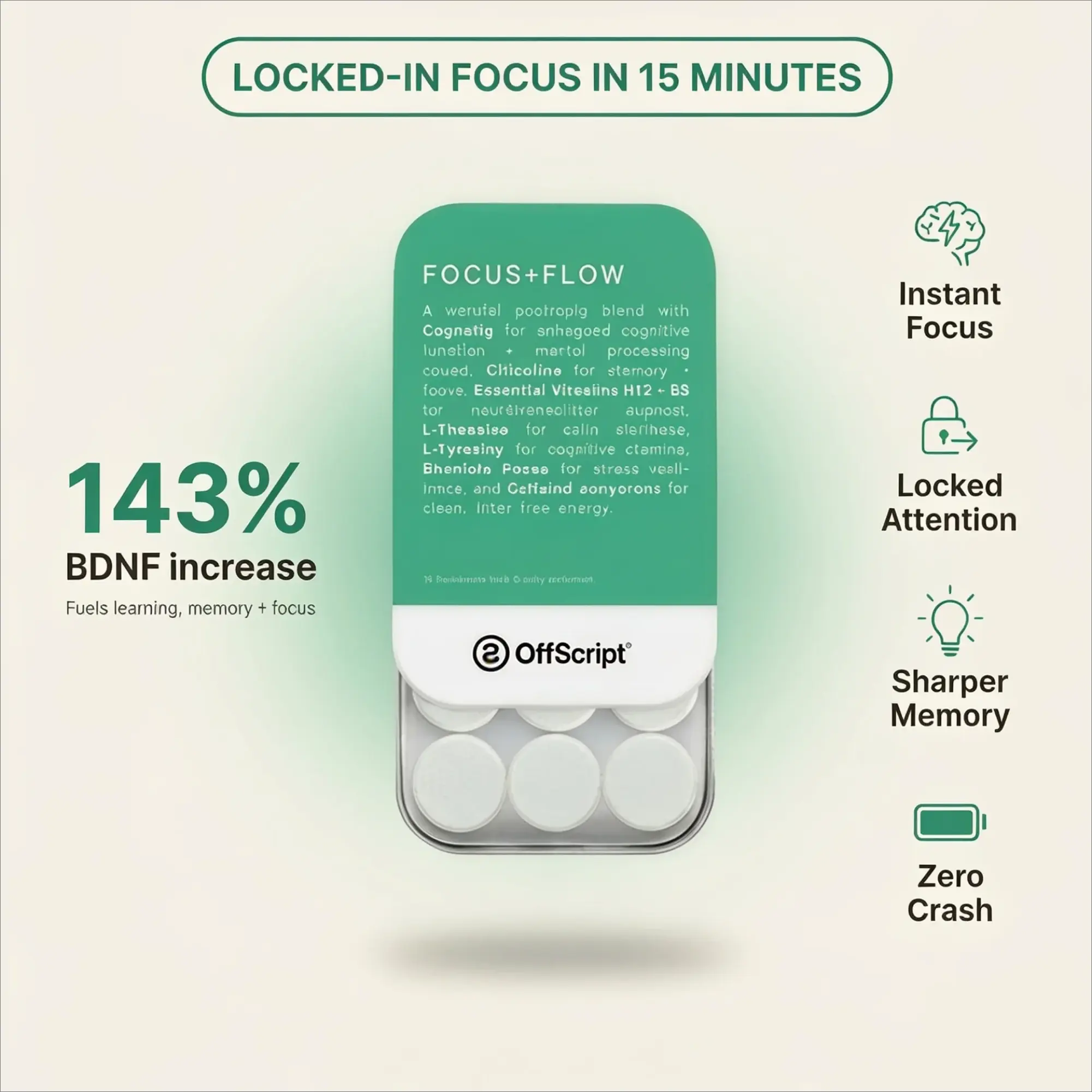 OffScript FOCUS+FLOW Nootropic Mints | Clean Energy and Focus | Cognatiq, L-Theanine, Rhodiola Rosea | 2 Tins, 24 Mints