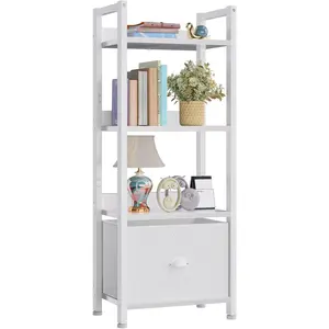 White 4 Tier Bookshelf with Drawer, Small Narrow Bookcase with Shelves, Modern Free Standing Shelf Unit, Wood and Metal Display Storage Shelves Organizer for Bedroom, Living Room, Entryway
