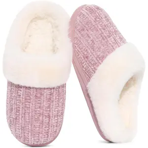 Warm Knit House Slippers for Women Comfy Wool-Like Lined Chenille Slippers with Memory Foam and Indoor Outdoor Soles