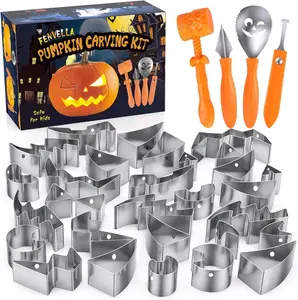 Pumpkin Carving Kit for Kids with Hammer, 25 PCS Pumpkin Carving Tools Heavy Duty Stainless Steel Pumpkin Carver Set, Halloween Pumpkin Carving Stencils, Safe Carving Tools Kit for Adults