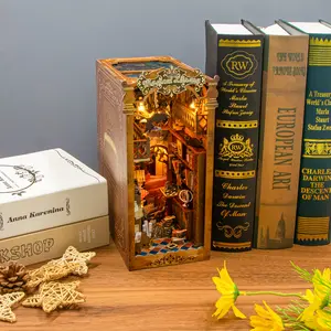 DIY Magical Library Book Nook Kit with LED Light, Miniature 3D Wooden Puzzle, Fantasy Bookshelf Insert Gift for Adults Teens