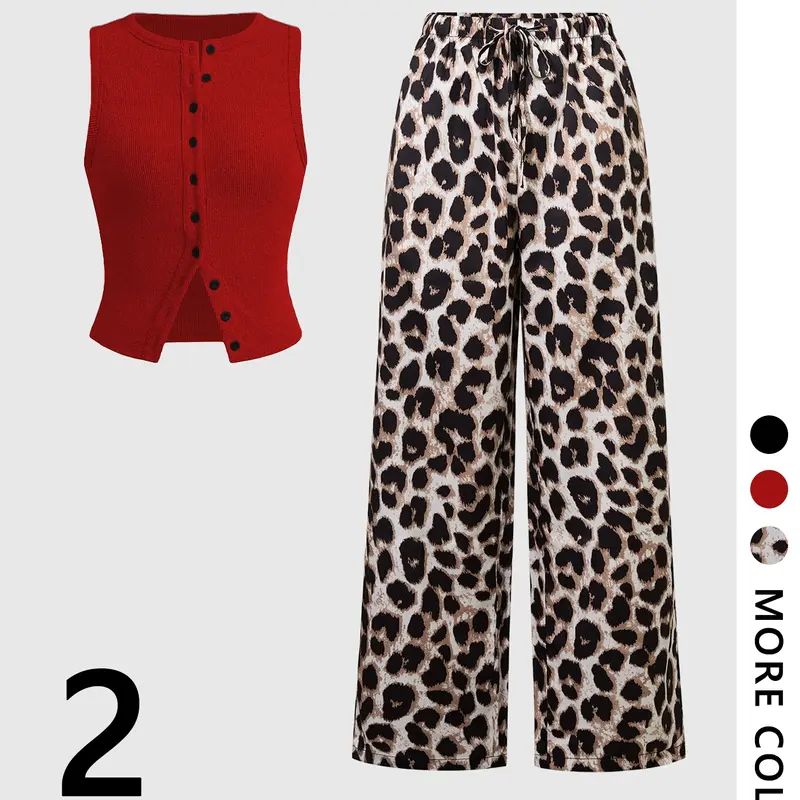 Women's 2-Piece Set, Plain Knitted Sleeveless Fitted Vest Top & Leopard Print Wide Leg Pants, Casual Fashion for All Seasons Summer