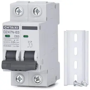 AC Miniature Circuit Breaker, 63 Amp 120V/240V 2 Pole DIN Rail Mount Circuit Breaker, Thermal Magnetic Trip, Solar AC Disconnect Switch MCB C63