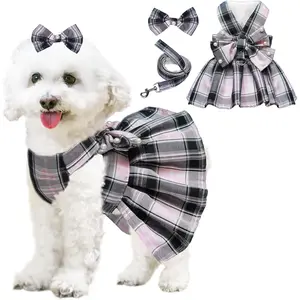 Cute Plaid Dog Dress Bowknot Harness Leash Set with Pearls Bow Tie for Small Puppy Dogs Girl Cats, Spring Summer Princess Outfits for Birthday Holiday (Black, Medium)