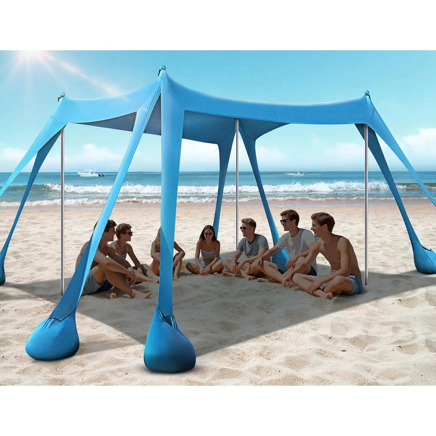 Beach Tent, Beach Canopy UPF50+ UV Protection, 10x10ft Beach Shade Sun Shelter with 8 Sandbags, Sand Shovels, Ground Pegs, Stability Poles for Camping, Fishing, Picnics, Backyard Fun, Sky Blue
