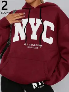 Two-piece women's set: NYC letter cross-waist leggings and hooded sweatshirt with pockets.  Featuring an NYC letter pattern, this is a stylish autumn/winter outfit made from soft, thick fabric with a street style. Warm and comfortable.