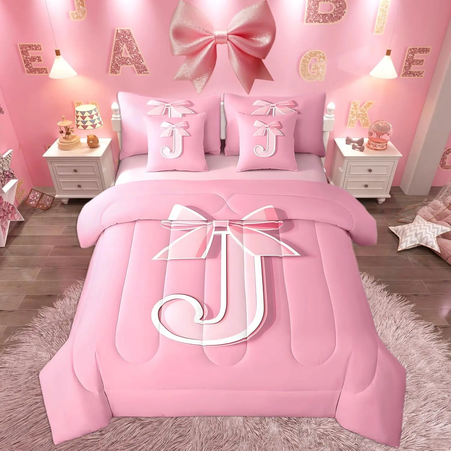 Pink Bowknot Bed Set,,Decor Personalized Teen Girl Gifts Ultra Soft Initial Letter J 7 Pieces Beeding Set,Girly Romantic Bed in a Bag with Comforter,Sheets,Pillowcases