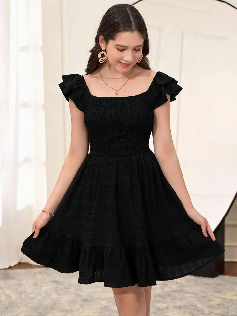 Teen Girls Woven Cap Sleeve Sundress, Square Neck Elastic Waist Dress for Summer Holiday