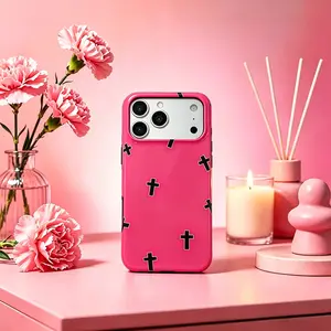 2-in-1 Heavy Duty Shockproof Phone Case, Pink Cross Pattern Defender Cover with Kickstand Holster, Anti-Drop Rugged Protective Casing for iPhone 17/16/15 Pro Max, Gothic Aesthetic Gift for Women