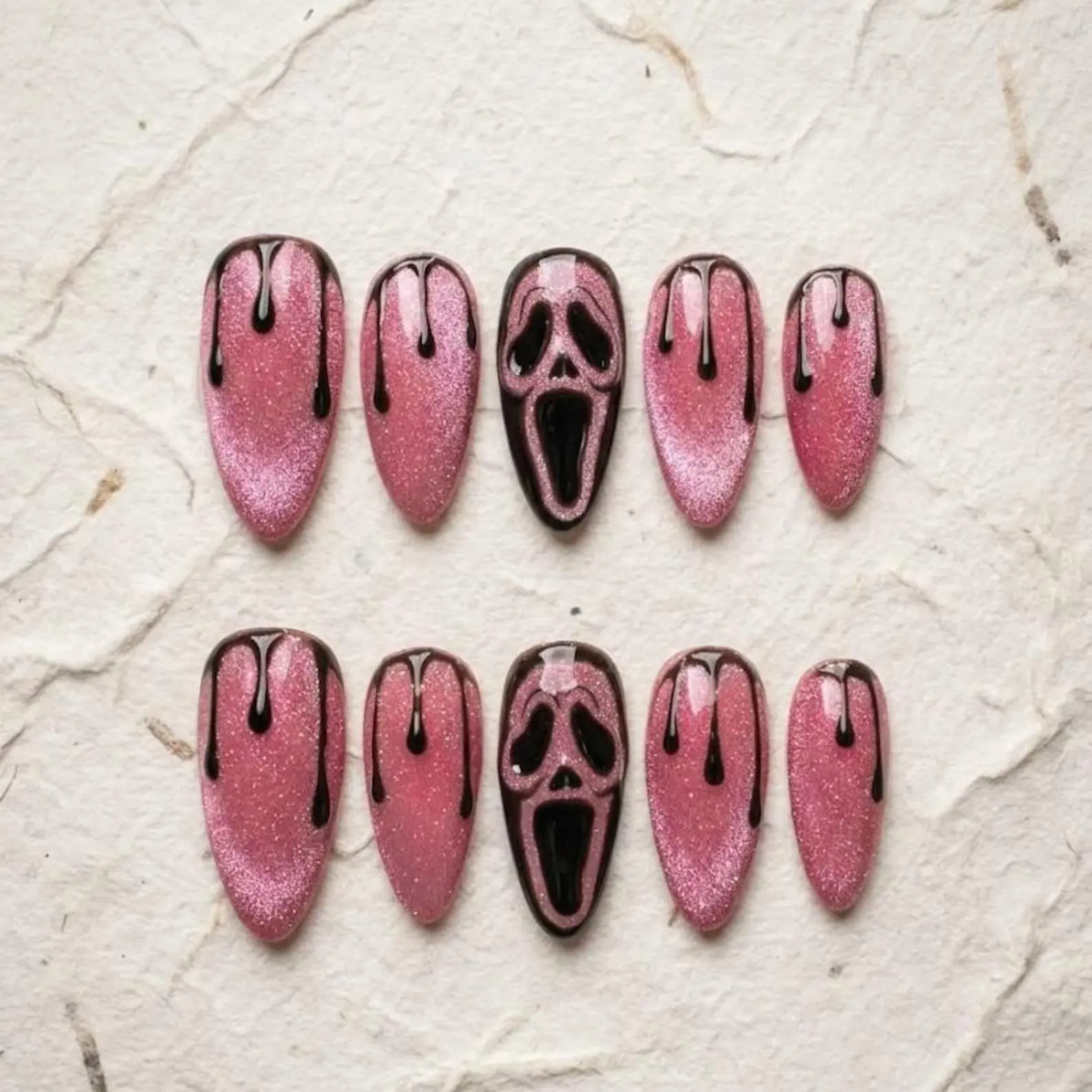 Pink Ghostface Scream Press On Nails: 3D Ghost Pink Black Halloween Gel Set