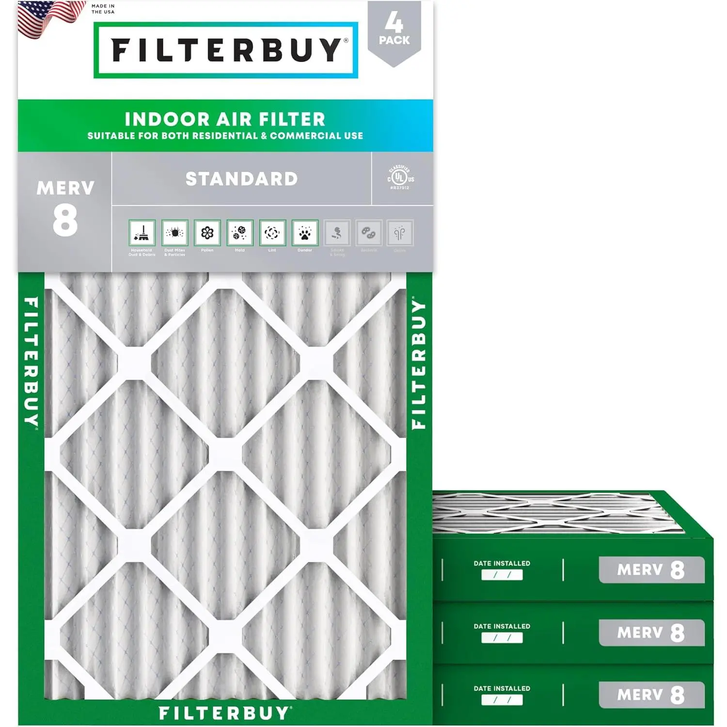 Filterbuy Rectangular Eco-Friendly Pleated Shape MERV 8 Rating HVAC AC Furnace Air Filter (4-Pack, 12x24x2 Nominal Size, Actual Size: 11.38x23.38x1.75 Inches) with Dust Capture