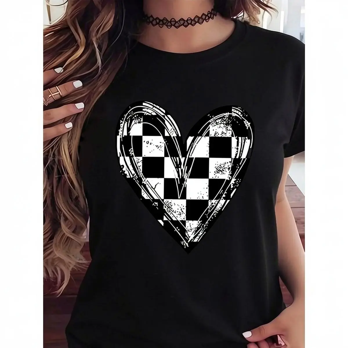 Women's Checkered Heart Graphic Knit Cotton T-Shirt - Unisex Casual Round Neck Short-Sleeve Knitted Fabric Top, Soft Breathable, Sporty Chic, Streetwear, Going Out, Customizable, Machine Washable, Sizes Up to 5XL