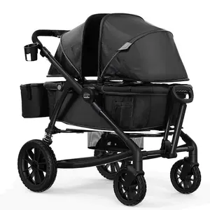 TikTokShopBlackFridayVEVOR Double Stroller, 2 Seats All-Terrain Wagon Foldable Expedition 2-in-1 Collapsible Wagon Stroller, Includes Canopy, Parent Organizer, Snack Tray & Cup Holders, 55lbs for Single Seat, Black