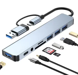 8-in-1 Dual USB-A/C Hub, Multi Port USB Extender with 4 USB Ports, SD/TF Card Reader, 3.5mm Audio & USB C Port, Digital Accessories for MacBook, iPad, iPhone 15, Laptops & Android Phones