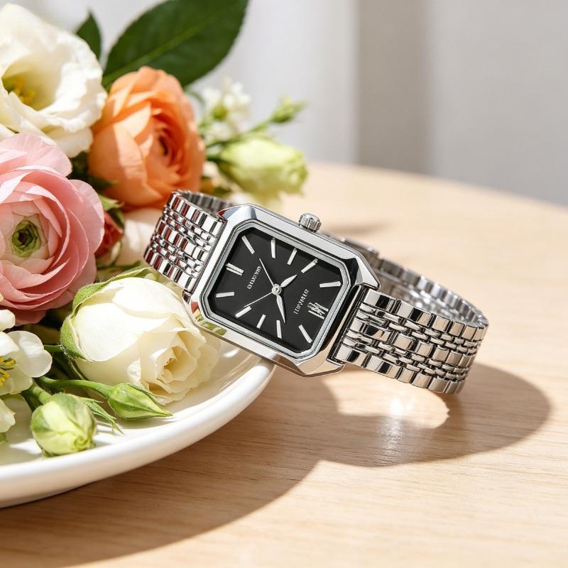 Silver-Tone Petite Rectangle Watch | Sleek Black Dial for Quiet Luxury Lovers