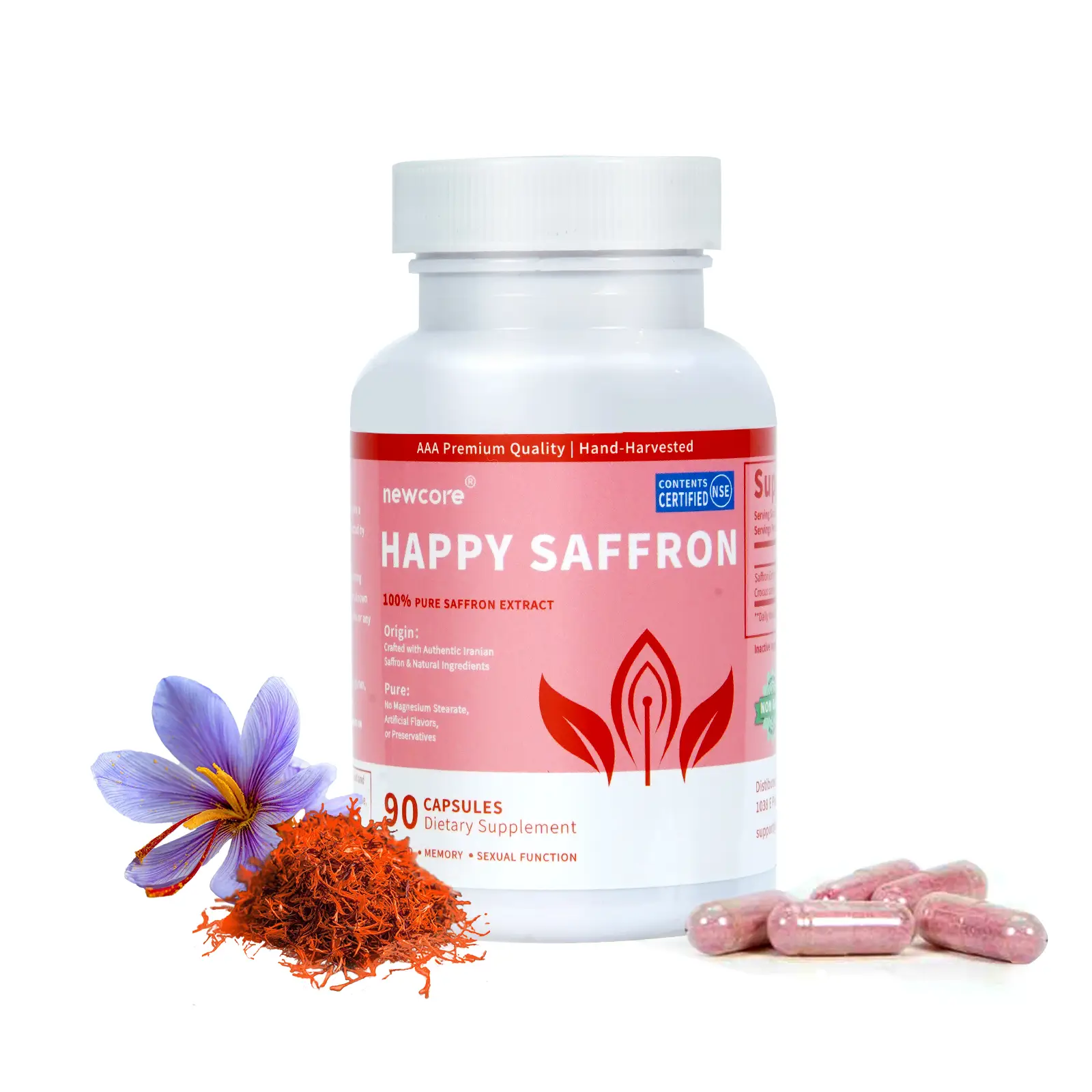 Newcore Happy Saffron - #1 Formula for a Healthier Happier You 90 Capsules Gluten-Free Dairy-Free Eggs-Free Premium Quality Hand-Harvested Saffron Ext