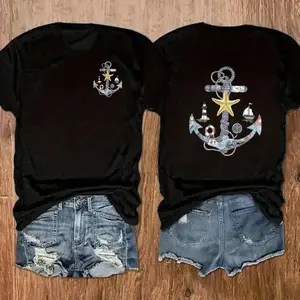 Women's Reversible Nautical Anchor Print Cotton T-Shirt Summer Casual Short-Sleeve Crew Neck Top with Starfish & Lighthouse Decorations Machine Washable Beachwear Seaside Fashion Printed Shirt Resort Style - Streetwear, Womenswear