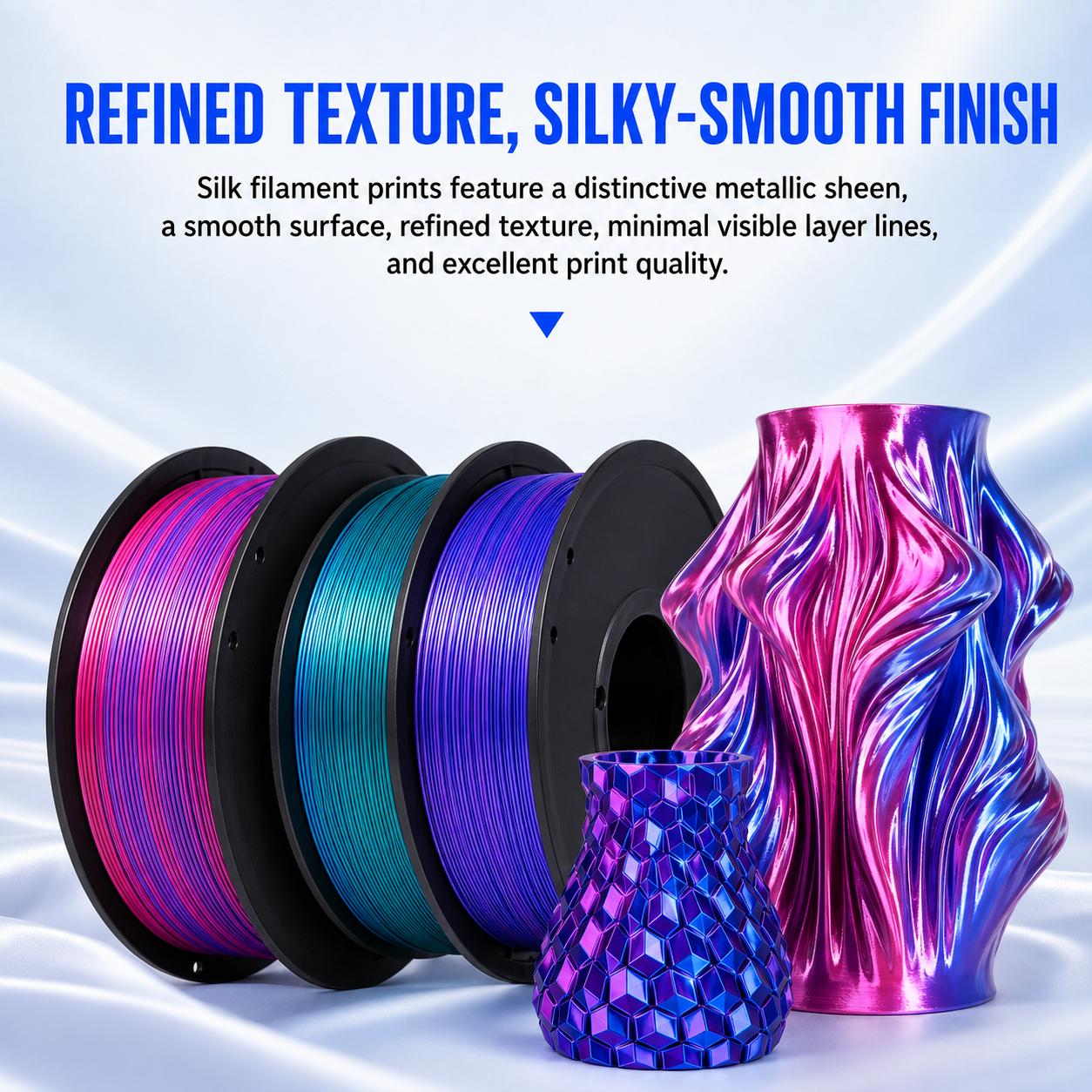 Silk PLA 3D Printing Filament - 1.75mm, 250g, Multiple Iridescent Colors, Gloss Finish, High Detail, Shiny Look, Neat Winding for Custom Home Decor Models, Iridescence