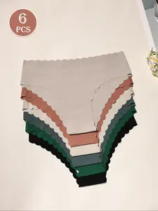 6-Pack Elegant Solid Color Seamless Smooth Women's Panties - Breathable & Quick-Dry Nylon Blend, Scalloped Wave Hem, Comfort Stretch for Yoga, Fitness, Dance