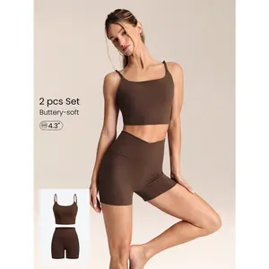 GLOWMODE FeatherFit Better Together Twisted Backless Removable Cups Adjustable Straps Square Neckline Tank & 4.3" Buttery-Soft Sweat-Wicking Crossover Waist Biker Shorts Low Impact Yoga Cycling Running Gym Daily Active Wear