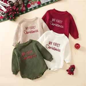 Infant Baby Boy Girl My First Christmas Sweater Romper Embroidery Long Sleeve Knit Bubble Jumpsuit Fall Winter 0-18 Months