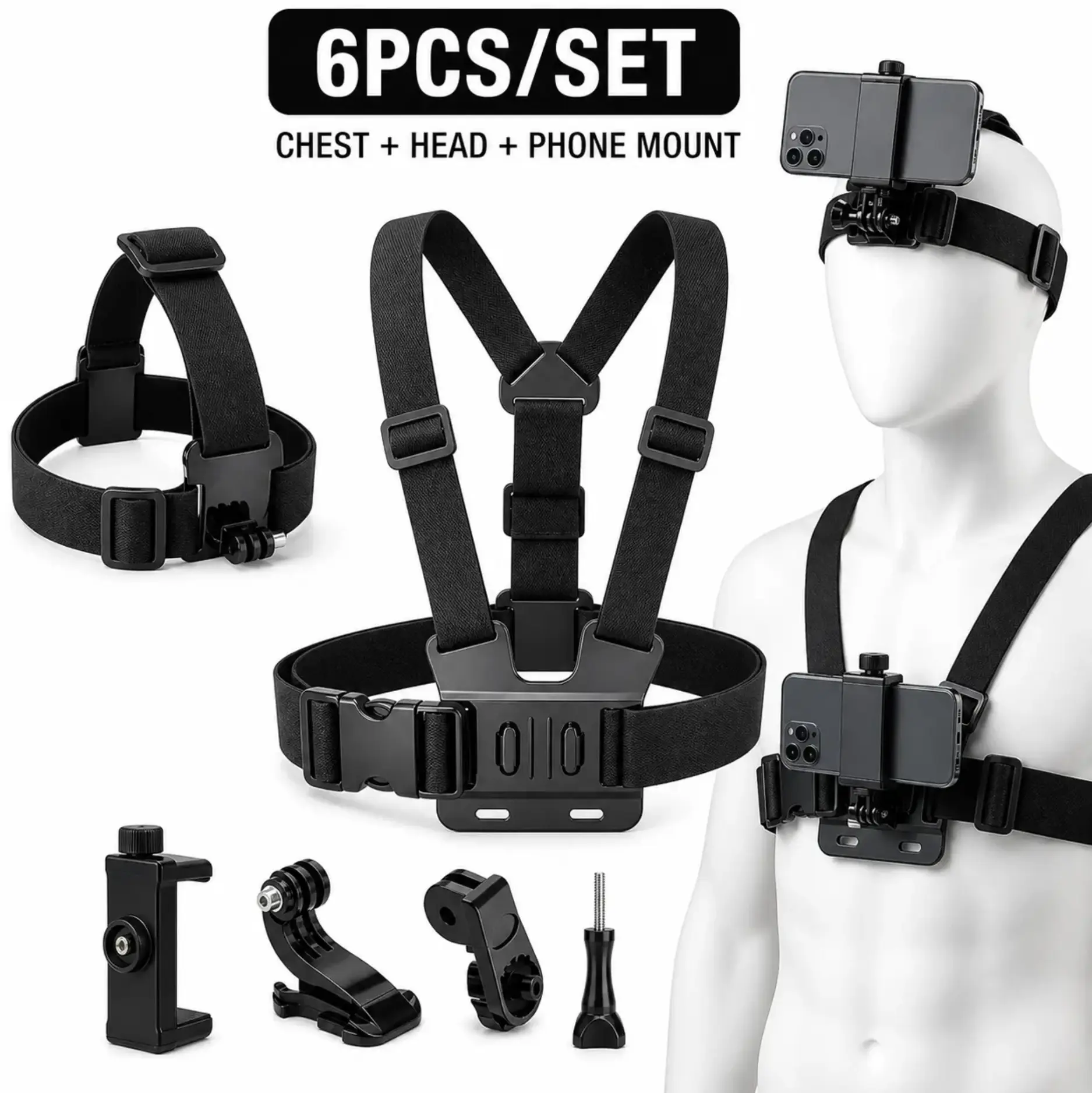 6pcs/set Nylon+Plastic Action Camera & Smartphone Accessory Kit - Adjustable Straps, Head/Chest POV Mounting Straps, Hands-Free Bracket for GoPro, DJI Osmo, Cell Phones (Cycling, Hiking)
