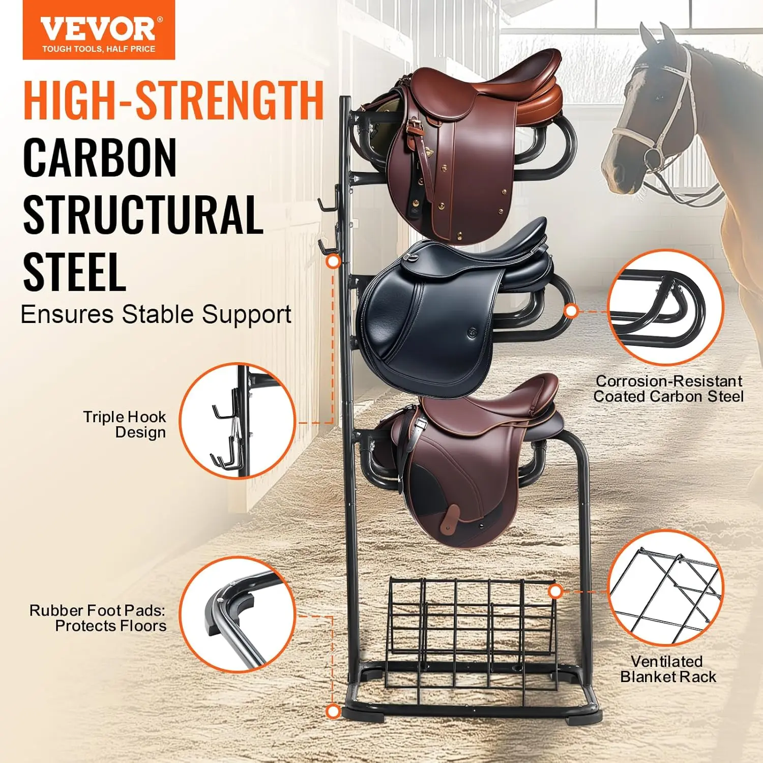 VEVOR Freestanding Saddle Stand, 30 x 30 x 68.5 in, 3 Tiers Saddle Rack, Heavy Duty Saddle Blanket Holder with Removable & Rotating Tiers, English & Western Saddle Rack for Tack Room Organization