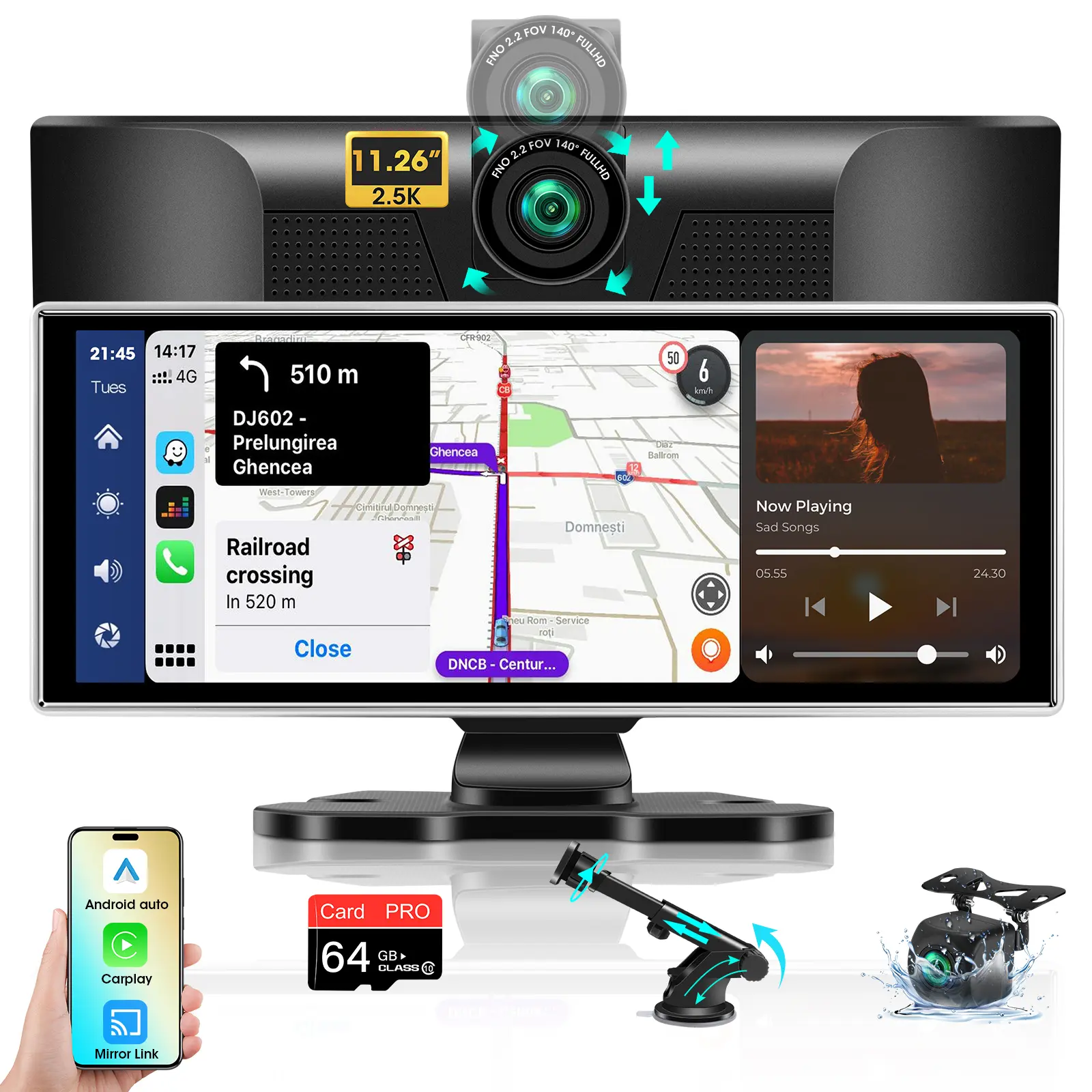 2025 Exclusive 11.26'' Portable Wireless Apple CarPlay Screen for Car & Android Auto Car Stereo, 2.5K Dash Cam 1080P Backup Camera car Audio Receivers/GPS Navigation/Voice Control for All Vehicles