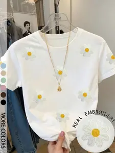 Women's Summer Embroidered Floral Casual Round Neck T-Shirt, Fitted Style Without Button, Perfect for Summer Wear