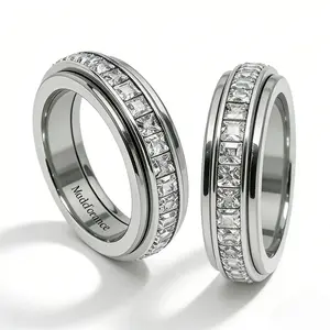 Unisex Titanium Steel Hypoallergenic CZ Rotating Fidget Ring - Princess Cut Eternity Band, Stress & Anxiety Relief Spinner, Sizes 5-12, Anniversary Gifts for Couples