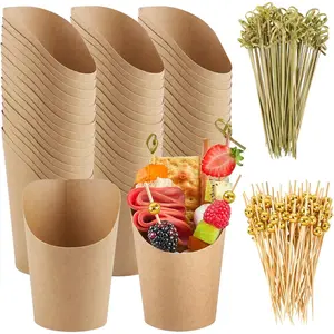 Charcuterie Cups with Sticks, Brown Disposable 14 oz Kraft Paper Appetizer Cups, Individual Party Serving Snack Cups (50 Cups, 200 Cocktail Picks)