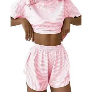 Summer 2 Piece Pajamas Sets Short Sleeve Sleepwear Pjs Lounge Split Short Sets