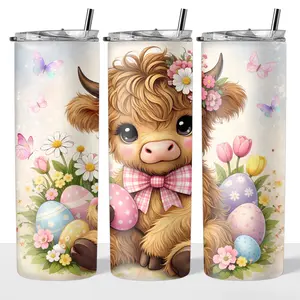 Easter Highland Cow 20oz Steel Insulated Tumbler with Clear Lid and Reusable Straw - Flasks, Drinkware
