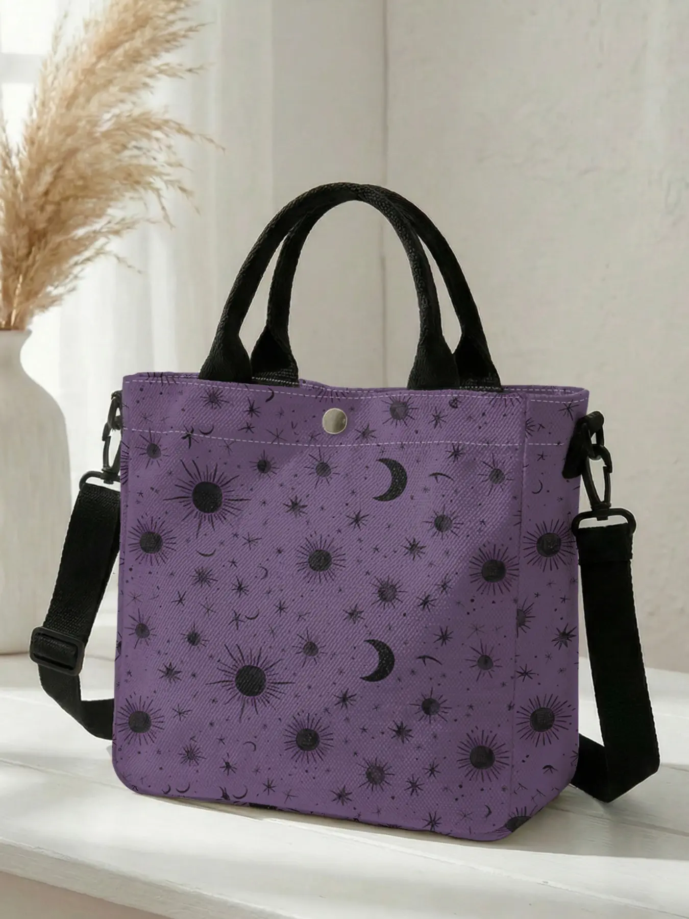 1 2D printed fashion crossbody bag with a star and moon pattern, Fashionable Patterned Bag, adjustable shoulder strap + snap closure, students/workforce/street outings
