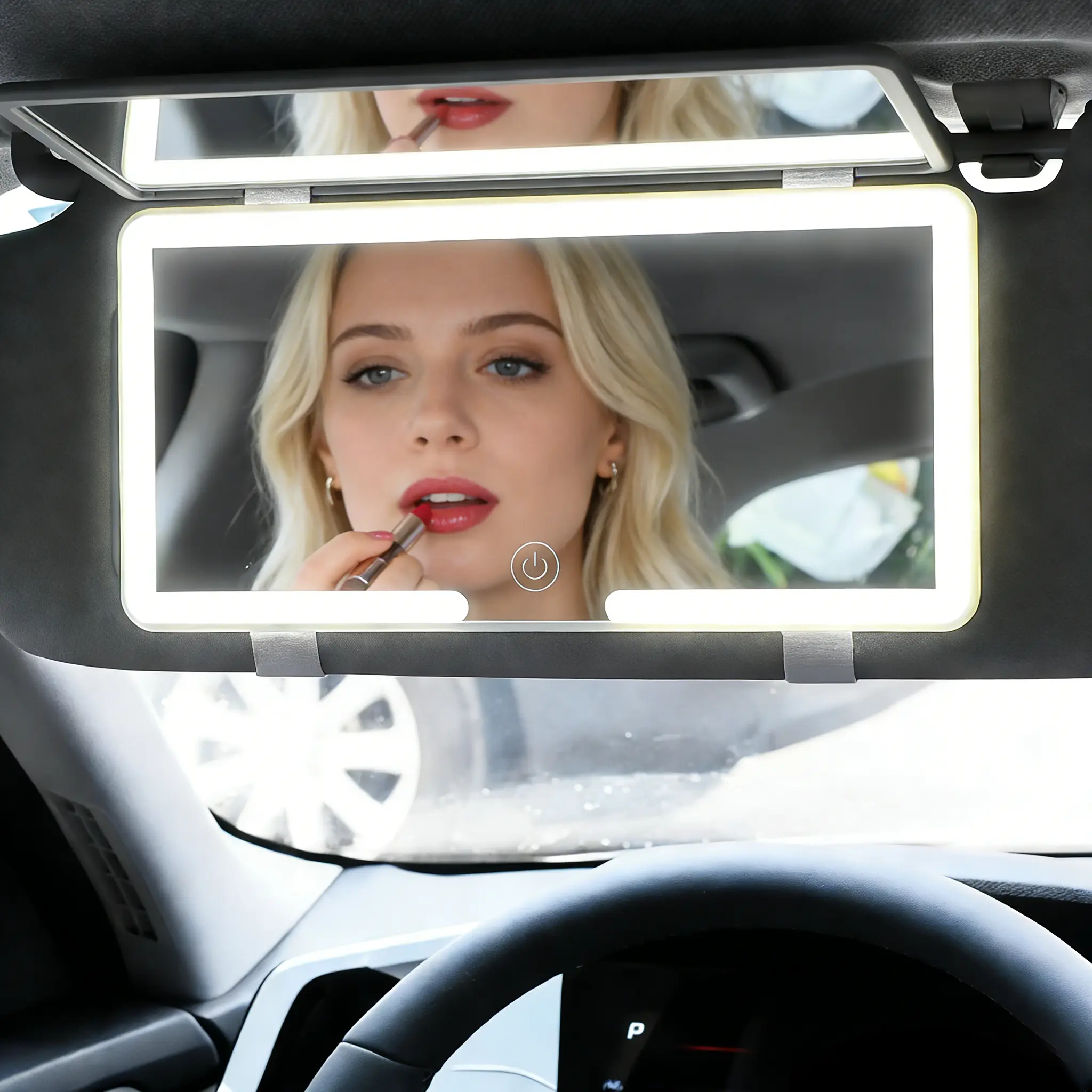 Multifunctional Car LED Visor-Mounted Mirror, Rechargeable Dimmable Light, Touch Screen, 3 Light Modes, 60 LEDs Total, Automotive Interior Accessory for Women