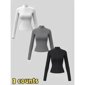 Women's Solid Zip Up Sports Jacket, Sporty Thumb Hole Long Sleeve Outerwear for Gym Workout Running, Ladies Sportswear for All Seasons, Sporty Breathable Outerwear, Modern and ComfortableGift