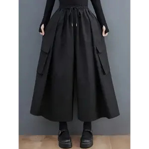 Women'S Elegant Solid Color Culottes, 100% Polyester with 2% Elastane, Loose Fit, Drawstring Waist, Woven Fabric, 100g/m², for Spring/Summer/Fall - Adult Fashion Wide Leg Pants Bottoms Womenswear