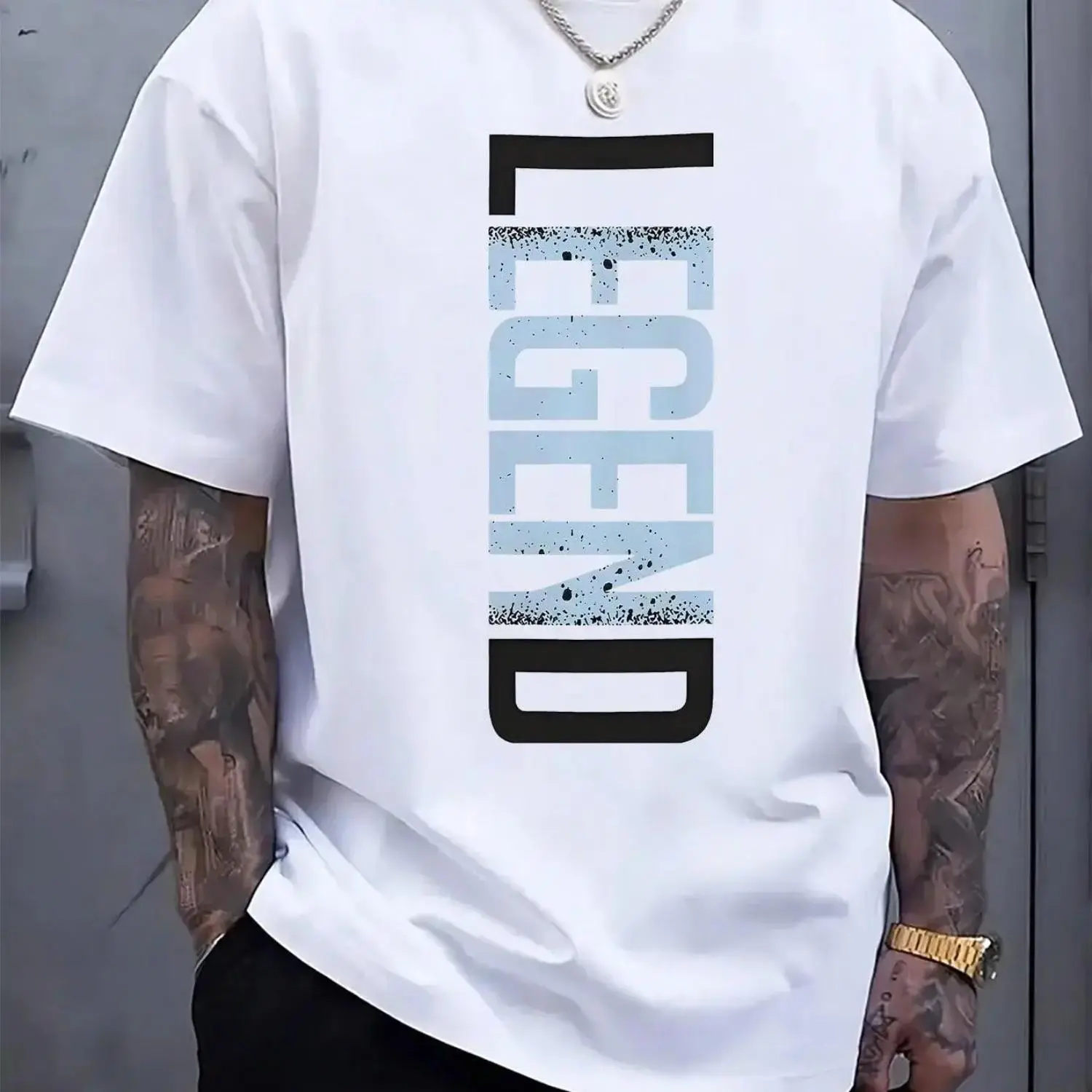Men S Casual Legend Print Crew Neck Short Sleeve T Shirt Featuring Lightweight Polyester Blend in Black with Blue Lettering
