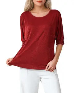 Solid color knitted T-shirt with feminine temperament, knitted mini shirt, mid sleeve round neck elastic top LE-SY045