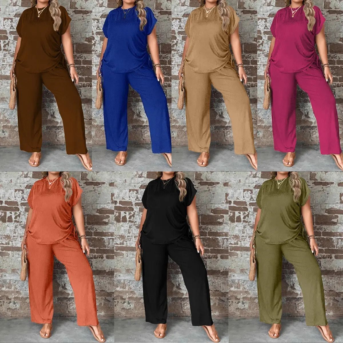 Women's Plus Size Outfit Spring/Summer Casual Fashion Round Neck Multi-Color Two-Piece Loose Set