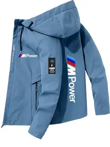 Men's and Women's Fashion Jacket with Bmw Letter Print, Zipper Pockets, Casual Hooded Design, Spring & Fall Polyester Coat